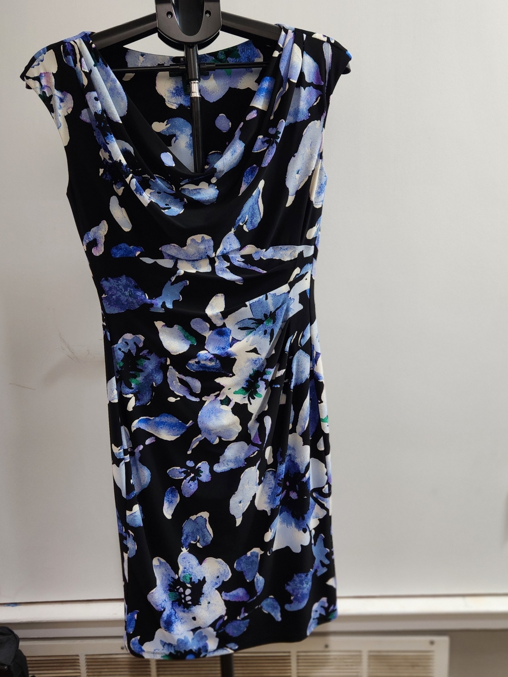 Ralph Lauren Black Midi Dress with Blue and White Floral Print